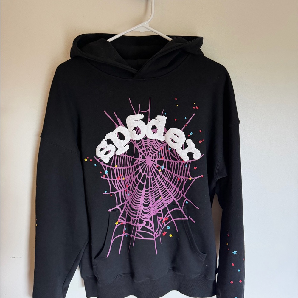 Black Hoodie with Pink Spiderweb & White Puff Lettering